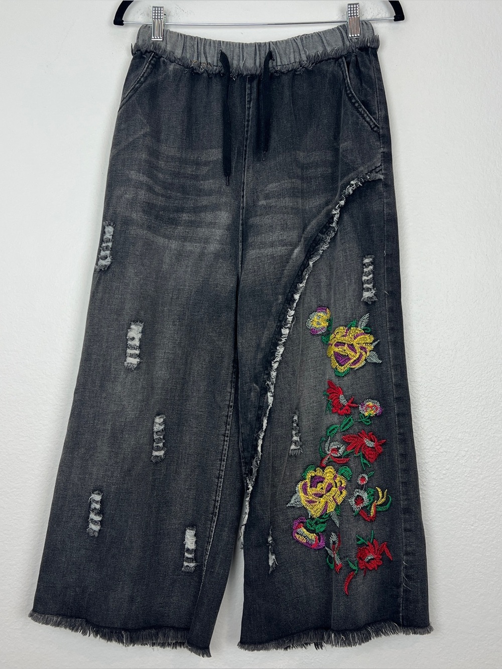 y2k Wide Leg Grunge Black Faded Embroidered Capris Cotton Goth Indie Sleeze S